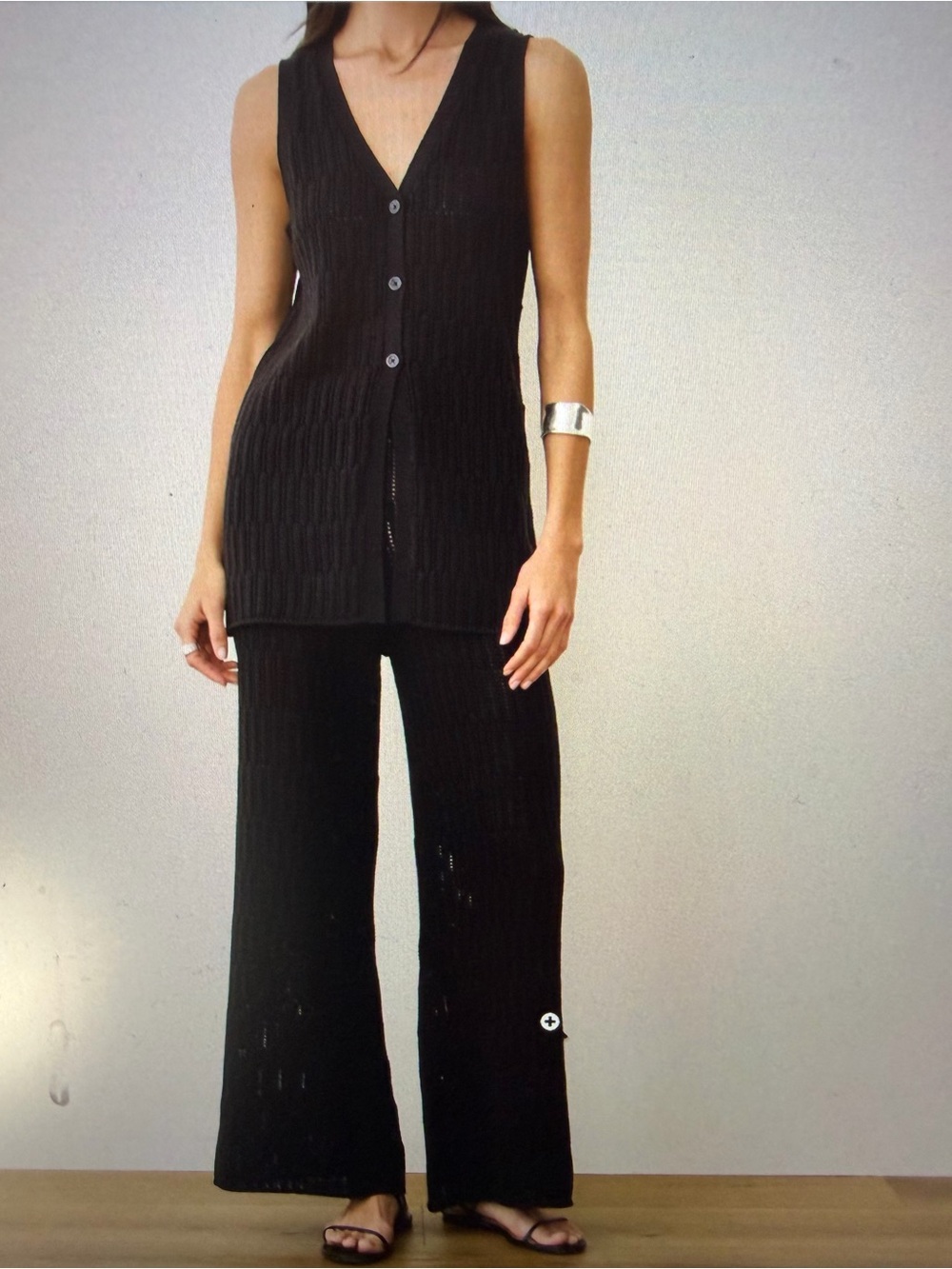Marine Layer Sleeveless V-Neck Crochet Knit Top & Wide-Leg Pants - Black - Small